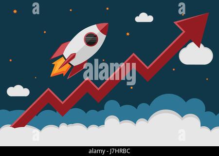 Rocket ship take off in cosmos and a red graph increase. Business launch and development, the growth of the economy, new project investments up. Stock Vector