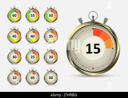 Golden digital timers countdown. Realistic chronometer with different times, vector illustration isolated on white background. Time management symbol. Stock Vector