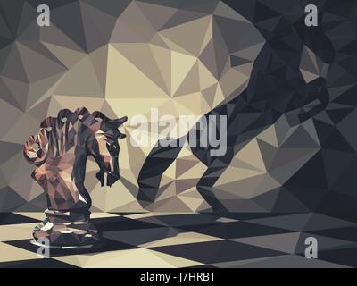 Low poly 3d design of knight chess piece casting a shadow of a wild horse on the wall. Vector triangulation, symbol of business aspirations and leader Stock Vector