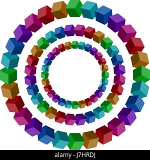 Circles constructed of a lot of colorful vector blocks. Isometric cubes for impossible 3d designing. Mathematical object with mental trick. Penrose op Stock Vector