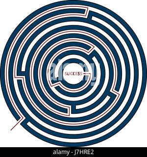 Vector illustration of round maze with the solution as a red line to success. Circle labyrinth isolated on white background. Stock Vector