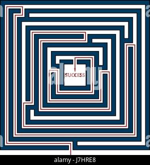Vector illustration of square maze with the solution as a red line to success. Rectangle labyrinth isolated on white background. Stock Vector