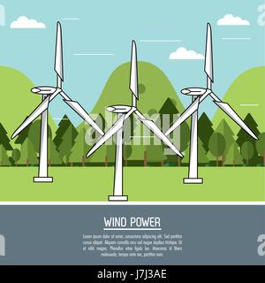color landscape background wind power plant with turbines Stock Vector