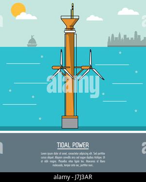 color sea landscape background tidal power plant with turbines Stock Vector