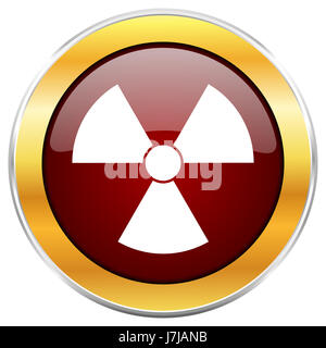 Radiation red web icon with golden border isolated on white background. Round glossy button. Stock Photo