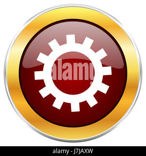 Gear red web icon with golden border isolated on white background. Round glossy button. Stock Photo