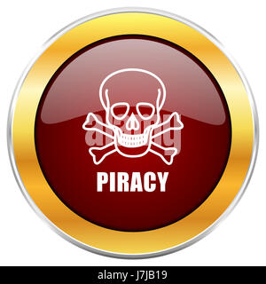 Piracy skull red web icon with golden border isolated on white background. Round glossy button.