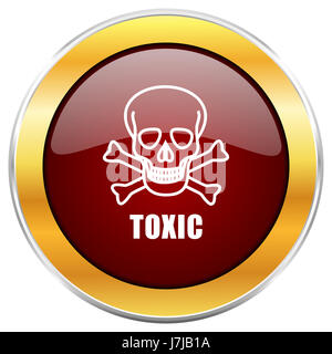 Toxic skull red web icon with golden border isolated on white background. Round glossy button.