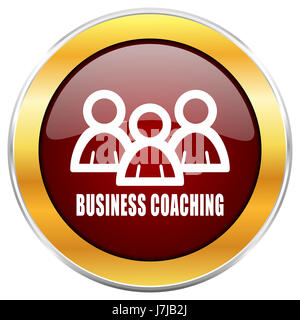 Business coaching red web icon with golden border isolated on white background. Round glossy button. Stock Photo