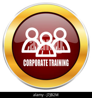 Corporate training red web icon with golden border isolated on white background. Round glossy button. Stock Photo