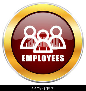 Employees red web icon with golden border isolated on white background. Round glossy button. Stock Photo