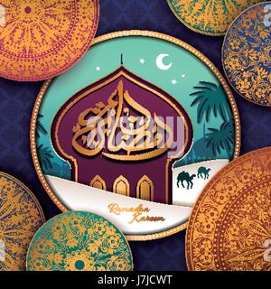 Ramadan Kareem calligraphy design on a mosque, decorated by colorful patterns Stock Vector