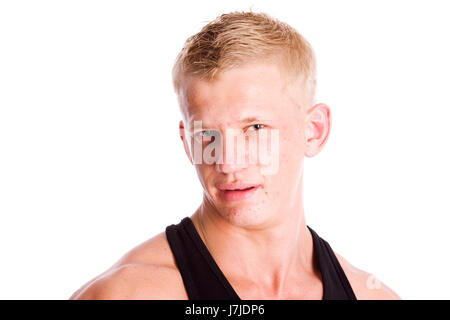 Young man with acne problem skin isolated on white Stock Photo