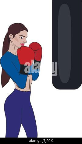 Beautiful woman boxing with black punching bag in vector Stock Vector