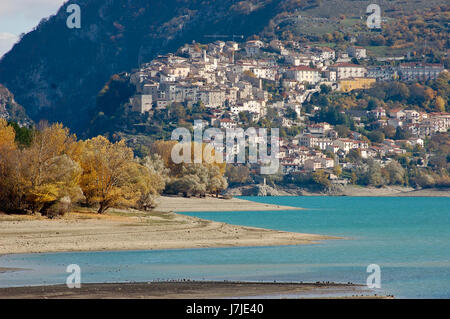 Barrea, nestled on the Sangro River and dominated by Mount Mattone, is an old town which is located inside Abruzzo National Park. Stock Photo