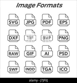 Icons to show different image formats, including JPG, SVG, EPS, DXF, etc Stock Vector