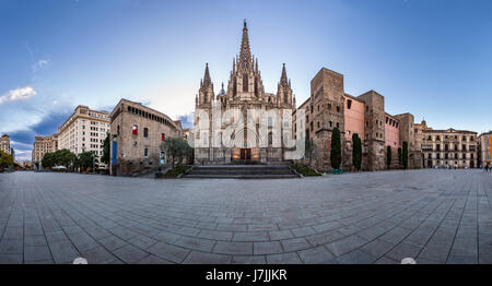 Panorama of Cathedral of the Holy Cross and Saint Eulalia in the Morning, Barri Gothic Quarter, Barcelona, Catalonia Stock Photo