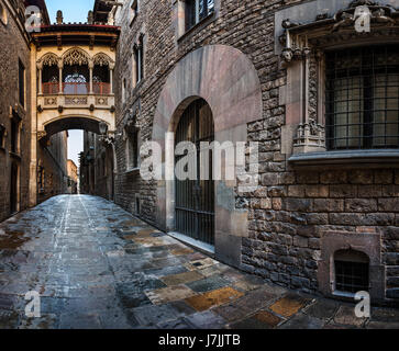 Barri Gothic Quarter and Bridge of Sighs in Barcelona, Catalonia, Spain Stock Photo