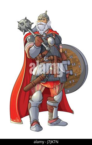Viking with club and shield on white background Stock Vector
