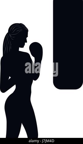 Woman boxing with black punching bag, black silhouette icon in vector Stock Vector