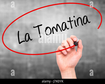 Man Hand writing La Tomatina with black marker on visual screen. Isolated on grey. Business, technology, internet concept. Stock Photo