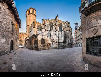 Panorama of Cathedral of the Holy Cross and Saint Eulalia, View from Freneria Street, Barcelona, Catalonia, Spain Stock Photo