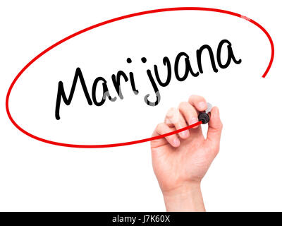 Man Hand writing Marijuana with black marker on visual screen. Isolated on white. Business, technology, internet concept. Stock Photo Stock Photo
