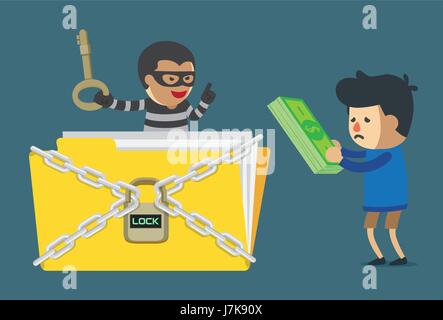 Man paying money to cyber criminal for unlock data file. Illustration about computer hacking. Stock Vector