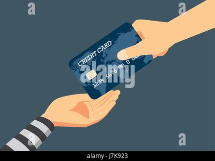 Hand of victim giving a credit card to robber. Illustration about fraud to identity theft when payment. Stock Vector