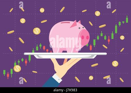 Holding piggy bank in silver tray on stock chart background. Stock Vector