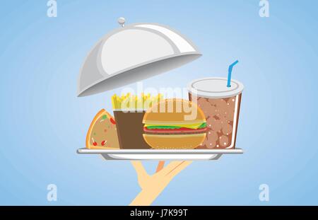 Hand holding a set of fast food in silver dish. Illustration about American food. Stock Vector