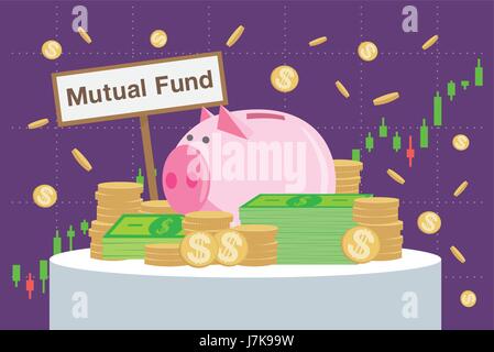Wooden sign writing Mutual funds back many money and piggy bank on price chart background. Stock Vector