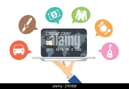 Hand holding credit card in silver tray with icon. Illustration about spending and payment. Stock Vector