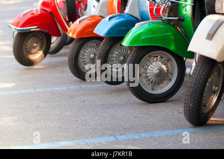 Italy, Front Wheel of a Vespa Scooter Stock Photo