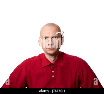 Portrait of young man with handmade EEG (electroencephalography) headset on head. Isolated on white background. Stock Photo