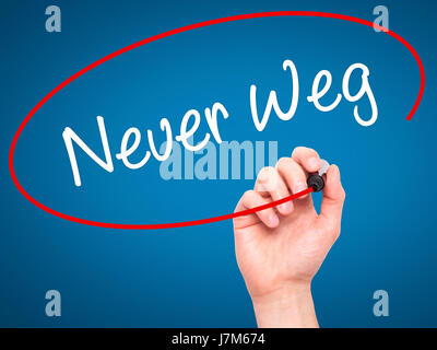 Man Hand writing Neuer Weg  (New Way in German) with black marker on visual screen. Isolated on background. Business, technology, internet concept. St Stock Photo