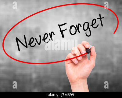 Man Hand writing Never Forget  with black marker on visual screen. Isolated on grey. Business, technology, internet concept. Stock Photo Stock Photo