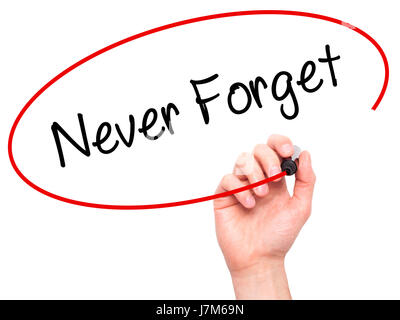 Man Hand writing Never Forget  with black marker on visual screen. Isolated on white. Business, technology, internet concept. Stock Photo Stock Photo
