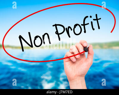 Man Hand writing Non Profit with black marker on visual screen. Isolated on nature. Business, technology, internet concept. Stock Photo Stock Photo