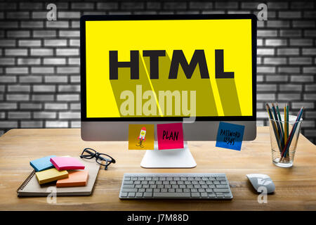 Learn HTML, web development and web design,  Trendy long shadow flat design and HTML word on screen Computer Coding Code Php Programming Coding Cybers Stock Photo