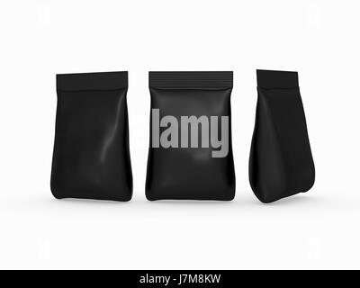 Black  bag  packet  with clipping path,  Packaging  or wrapper for sweet, snack, milk powder, coffee, salt, sugar, powder,detergent, seed, or cereal r Stock Photo