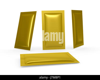 Gold foil  blank heat sealed packet  with clipping path. Packing  or wrapper for sweet, snack, milk bar, coffee, salt, sugar, medicine drug, cooling g Stock Photo