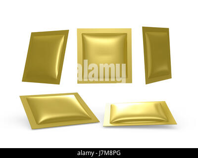 Square gold foil heat sealed packet  with clipping path. Packing  or wrapper for sweet, snack, milk bar, coffee, salt, sugar, medicine drug, cooling g Stock Photo