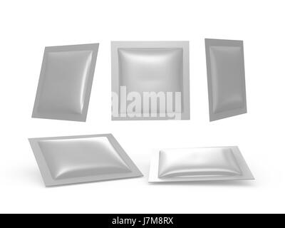 Square silver foil heat sealed packet  with clipping path. Packing  or wrapper for sweet, snack, milk bar, coffee, salt, sugar, medicine drug, cooling Stock Photo