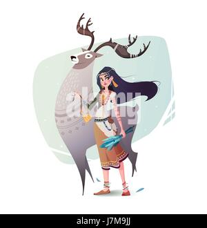 Magic illustration reindeer shaman and girls. Stock Vector