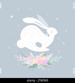 Nice rabbit jumping over delicate flowers. Stock Vector