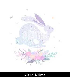 Cute rabbit jumps over the delicate flowers. Stock Vector