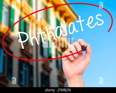 Man Hand writing  Phthalates  with black marker on visual screen. Isolated on background. Business, technology, internet concept. Stock Photo Stock Photo