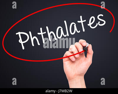 Man Hand writing  Phthalates  with black marker on visual screen. Isolated on background. Business, technology, internet concept. Stock Photo Stock Photo