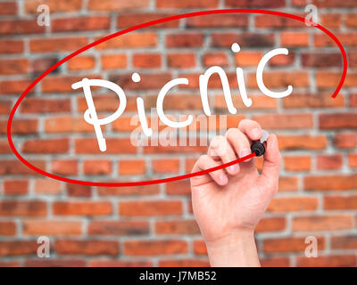 Man Hand writing Picnic with black marker on visual screen. Isolated on bricks. Business, technology, internet concept. Stock Photo Stock Photo